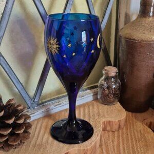 Vintage Libbey Cobalt Blue Celestial Wine Glass With Sun, Moon & Stars